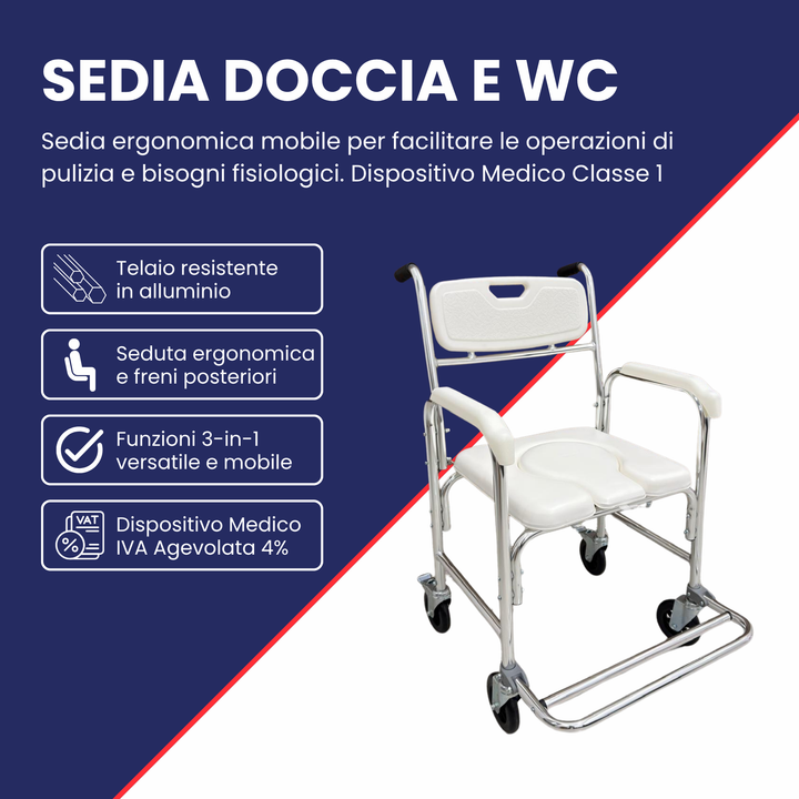 Fahrbarer 3-in-1 Dusch-Toilettenstuhl aus Aluminium | mit Bremsen &amp; gepolstertem Sitz