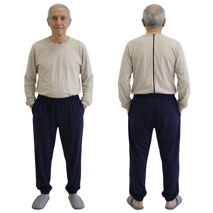 Unisex Winter-Pflegeschlafanzug, zweifarbig | mit Reißverschluss am Rücken | für Senioren, Alzheimer | Ferrucci Comfort - 9023-F