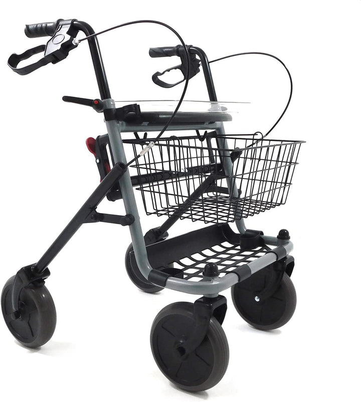 Faltbarer Rollator mit Vollausstattung: Sitz, 2 Körbe &amp; Tablett | für Innen &amp; Außen