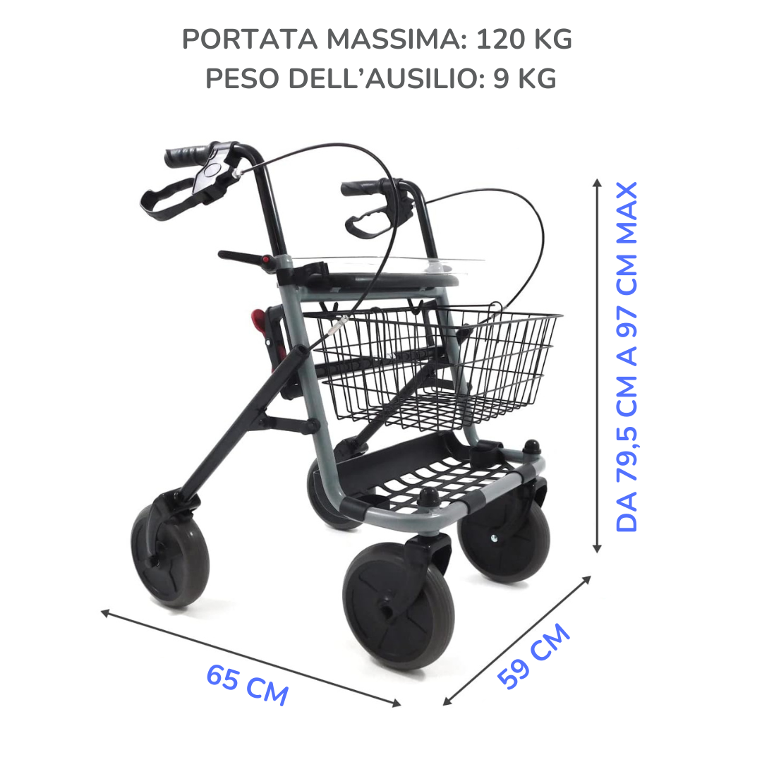 Faltbarer Rollator mit Vollausstattung: Sitz, 2 Körbe &amp; Tablett | für Innen &amp; Außen