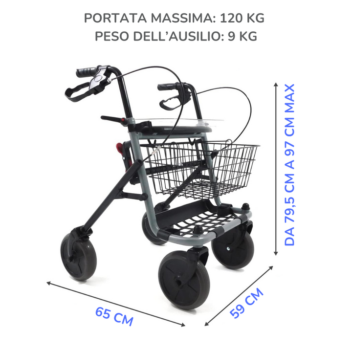 Faltbarer Rollator mit Vollausstattung: Sitz, 2 Körbe &amp; Tablett | für Innen &amp; Außen