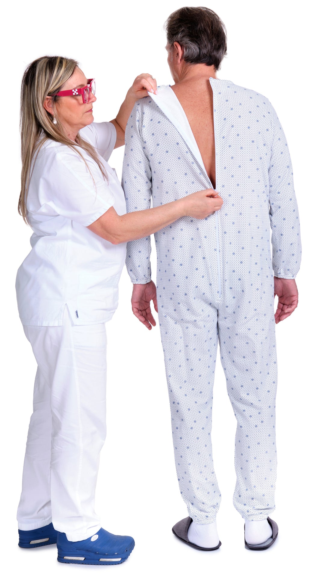 Warmer Winter-Pflegeoverall aus Baumwoll-Sweatstoff mit Beinreißverschluss - 9012-F/2