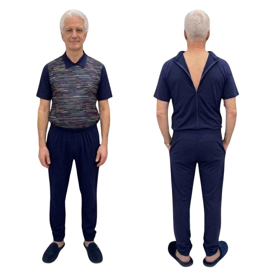 Herren Sommer-Pflegeoverall kurz für Senioren mit Reißverschluss am Rücken | Wasserabweisend | Alzheimer Kleidung | Ferrucci Comfort - 9026 MC PL