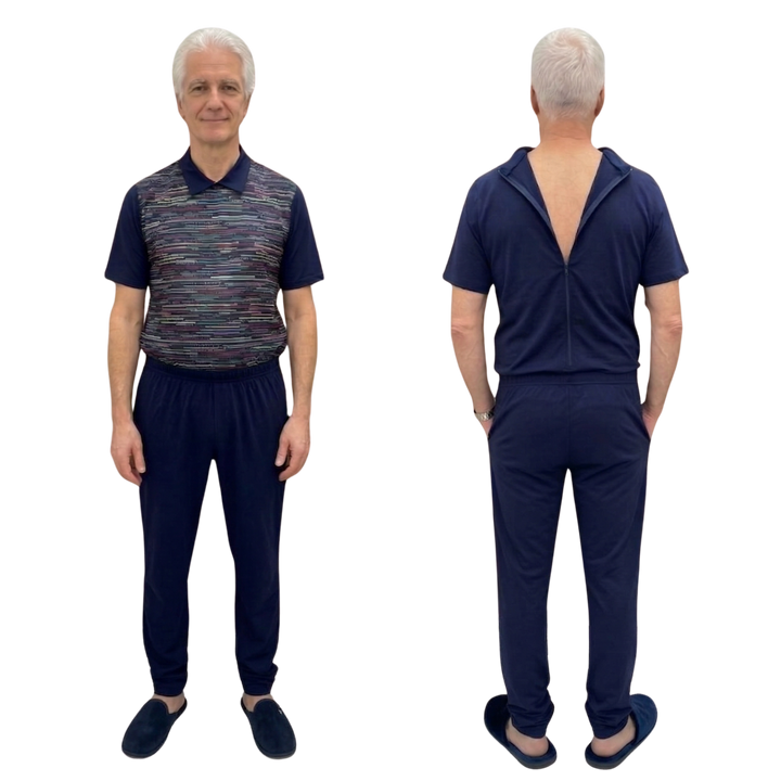 Herren Sommer-Pflegeoverall kurz für Senioren mit Reißverschluss am Rücken | Wasserabweisend | Alzheimer Kleidung | Ferrucci Comfort - 9026 MC PL
