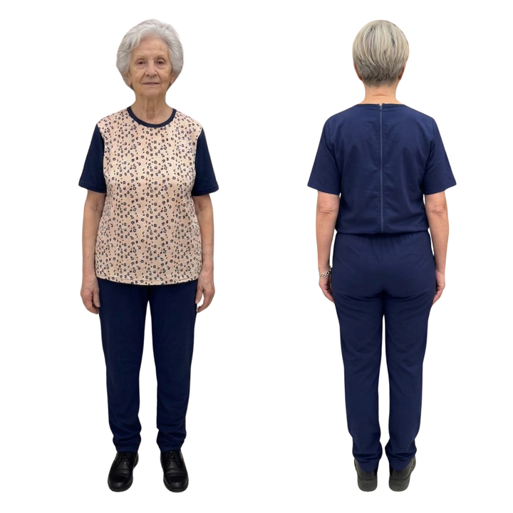 Damen Pflegeoverall kurzarm für Senioren mit Reißverschluss am Rücken | Wasserabweisend | Alzheimer Kleidung aus Baumwolle | Ferrucci Comfort - 9027 MC PL