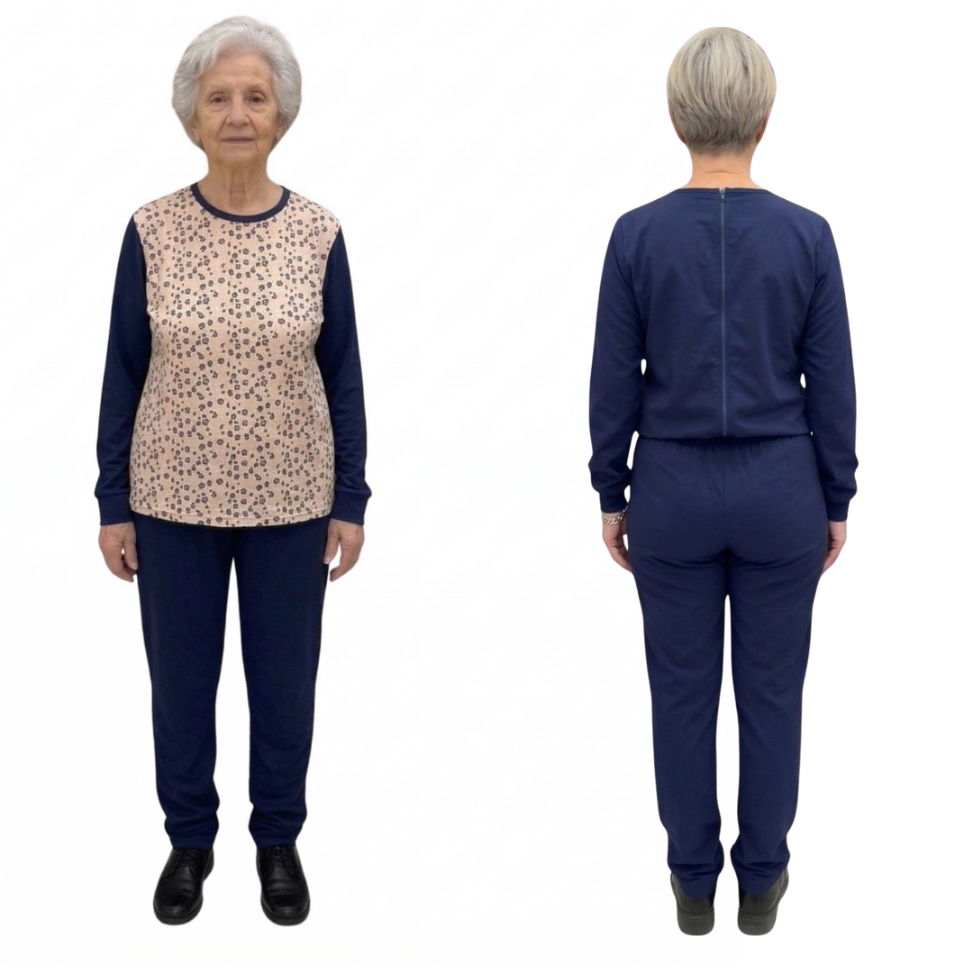 Damen Pflegeoverall Langarm für Senioren mit Reißverschluss am Rücken | Wasserabweisend | Alzheimer Kleidung aus Baumwolle | Ferrucci Comfort - 9027 ML PL
