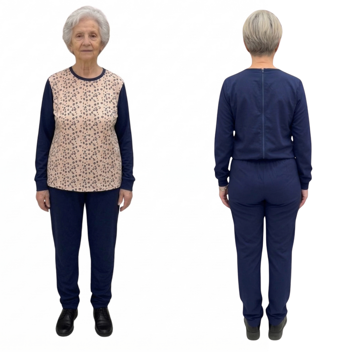 Damen Pflegeoverall Langarm für Senioren mit Reißverschluss am Rücken | Wasserabweisend | Alzheimer Kleidung aus Baumwolle | Ferrucci Comfort - 9027 ML PL