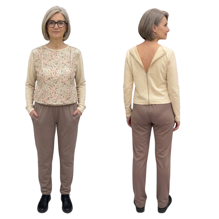 Damen Pflegeoverall Langarm für Senioren mit Reißverschluss am Rücken | Wasserabweisend | Alzheimer Kleidung aus Baumwolle | Ferrucci Comfort - 9027 ML PL